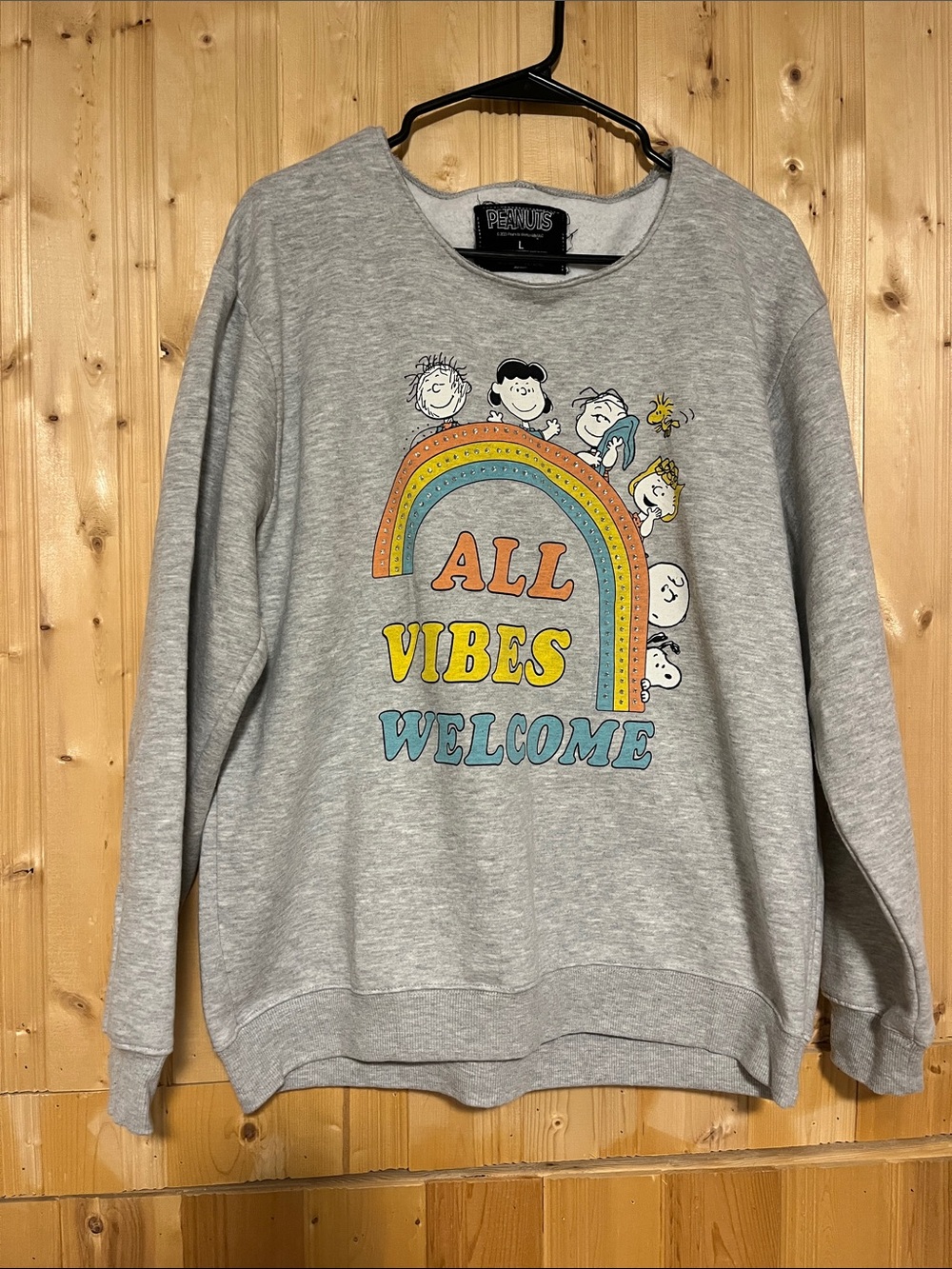 Peanuts Light Gray Crewneck Sweatshirt with Rainbow 'All Vibes Welcome'